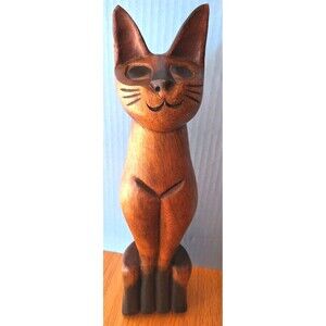 Vtg MCM Carved Wood Cat Figure Statue Sculpture Figurine 15" Made In Thailand
